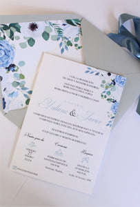 Invitación Floral en Color Azul con Sobre Forrado