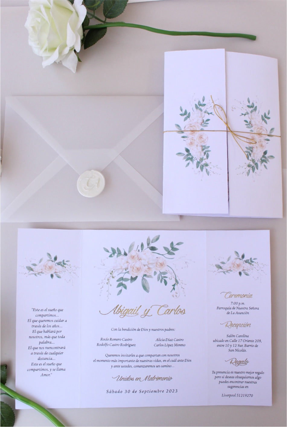 Invitación para Boda con Sobre Albanene y Nombres en Foil Mod. Rose