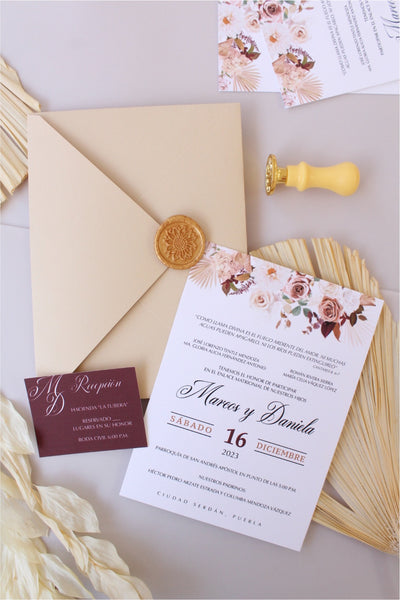 Invitación Follaje Terracota Boho con Sobre Beige