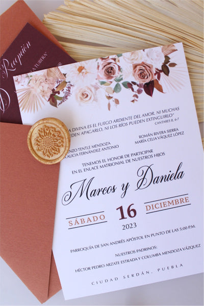 Invitación Follaje Terracota Boho con Sobre Ocre