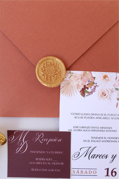 Invitación Follaje Terracota Boho con Sobre Ocre