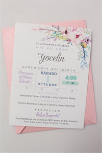 Invitación Bouquet Floral en Tonos Pastel para Boda o XV Rosa