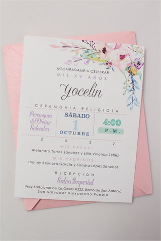 Invitación Bouquet Floral en Tonos Pastel para Boda o XV Rosa