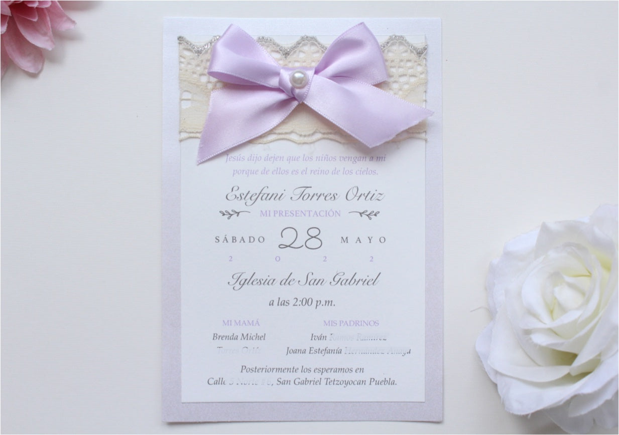 Invitación Bautizo con Encaje Modelo Lacy Bow