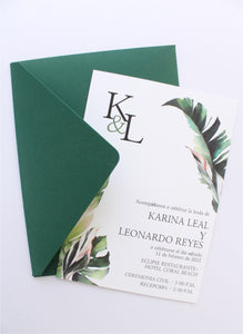 Invitación de Boda en Color Verde Hoja Tropical