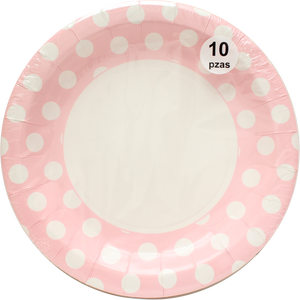 Plato de Cartón Grande Desechable Rosa Polka 10 pz