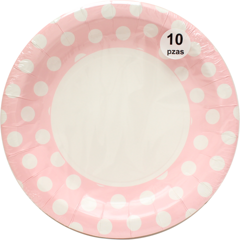 Plato de Cartón Grande Desechable Rosa Polka 10 pz